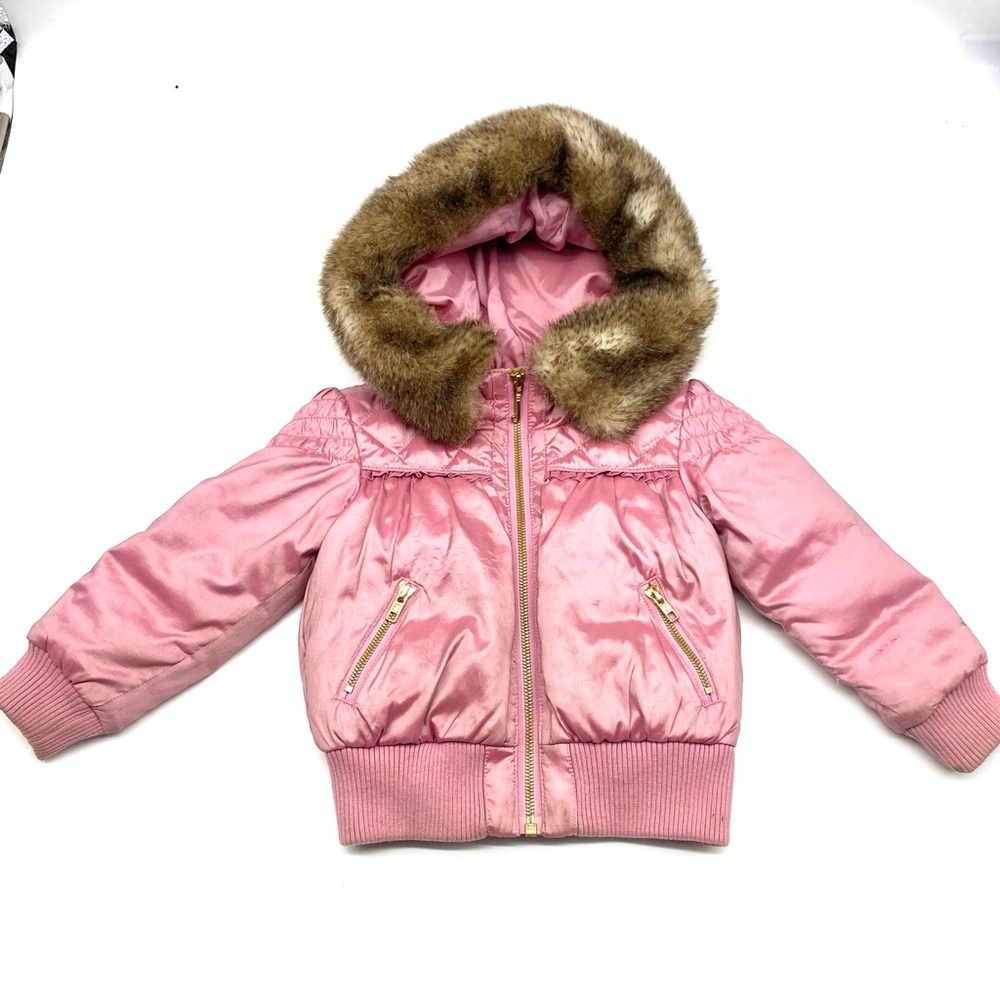 JUICY COUTURE Pink Satin Jacket with Faux Fur Hood Zipper Pockets Kids Size 4